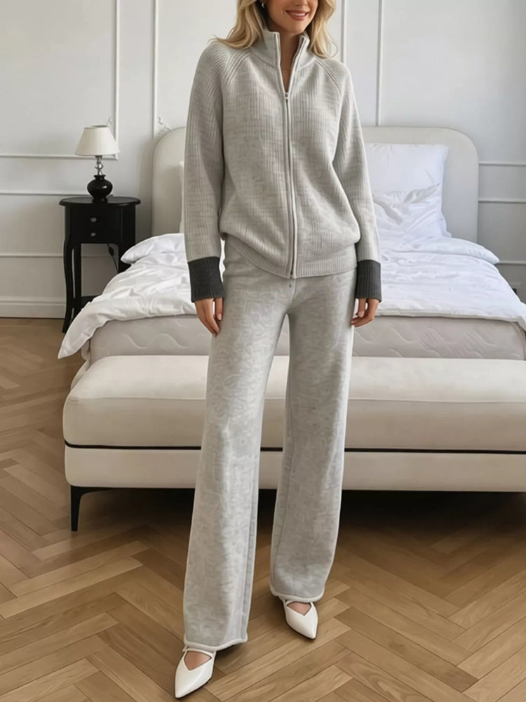 Zip-Up Contrast Cuff Cardigan and Pants Sweater Set