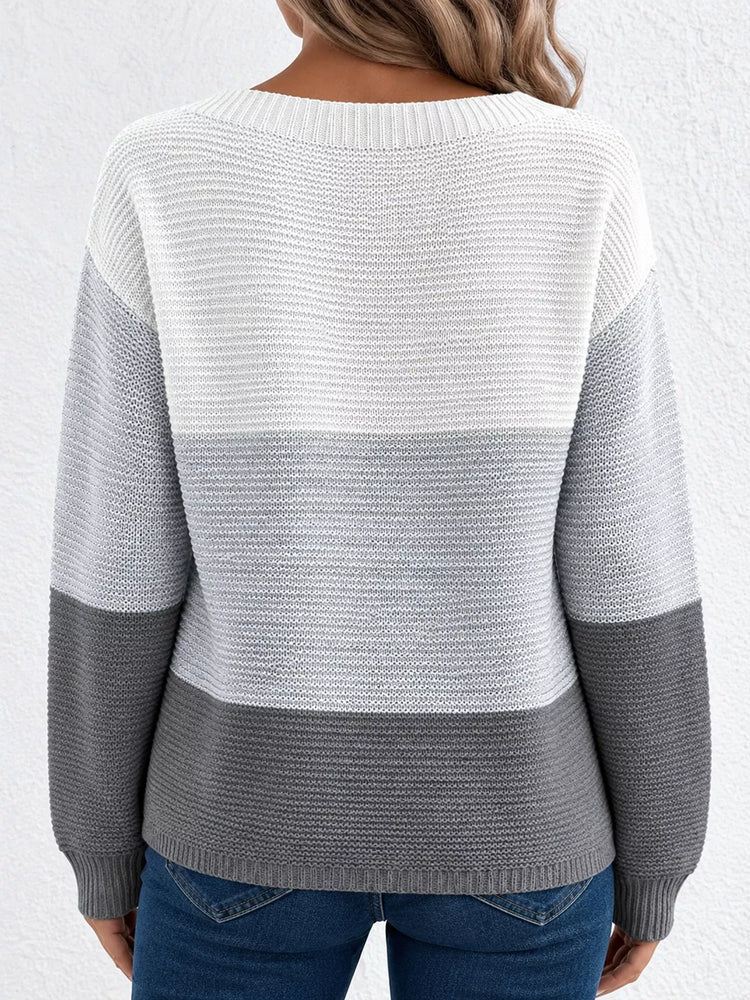 Full Size Color-Block Boat Neck Sweater Plus Size