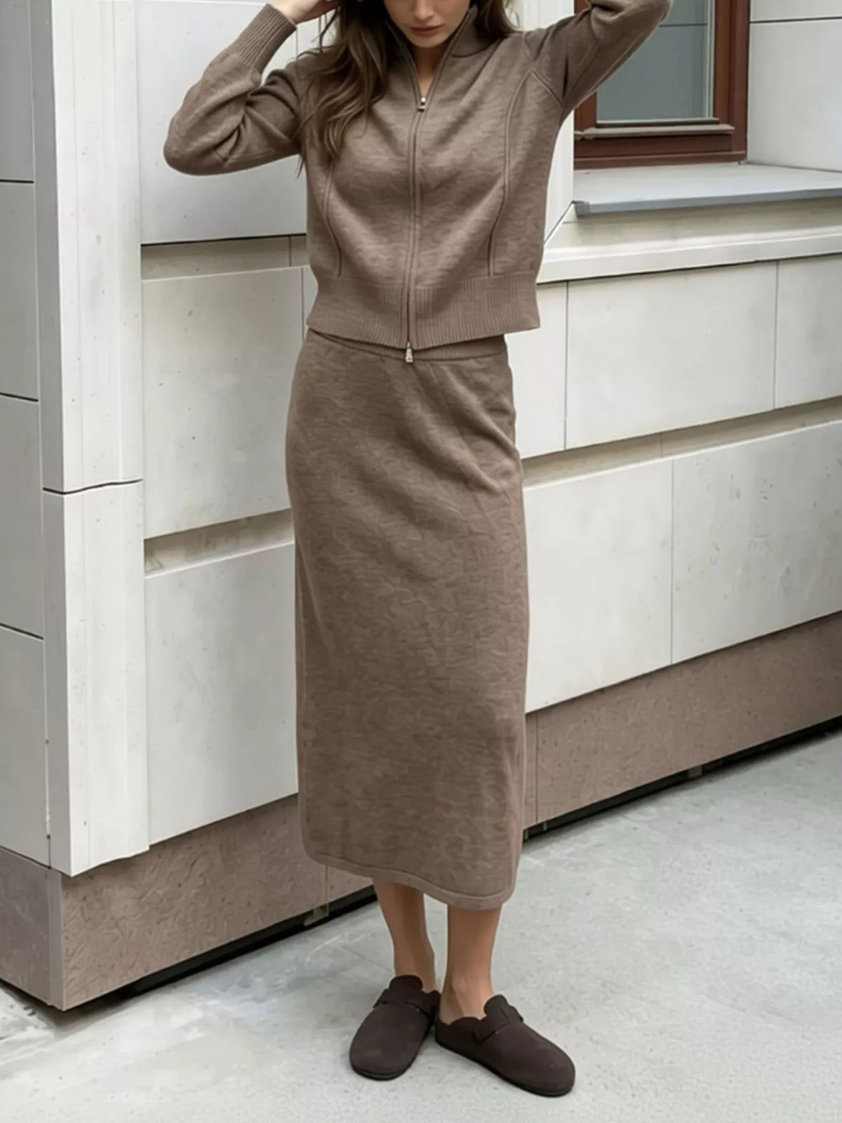 Zip-Up Mock Neck Cardigan and Matching Midi Skirt Sweater Set