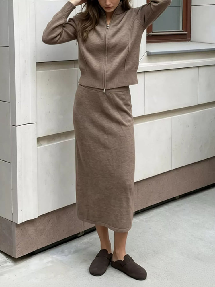 Zip-Up Mock Neck Cardigan and Matching Midi Skirt Sweater Set