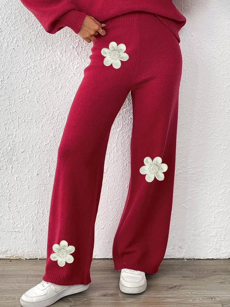 High-Waisted Wide-Leg Sweater Pants with Floral Beaded Decor