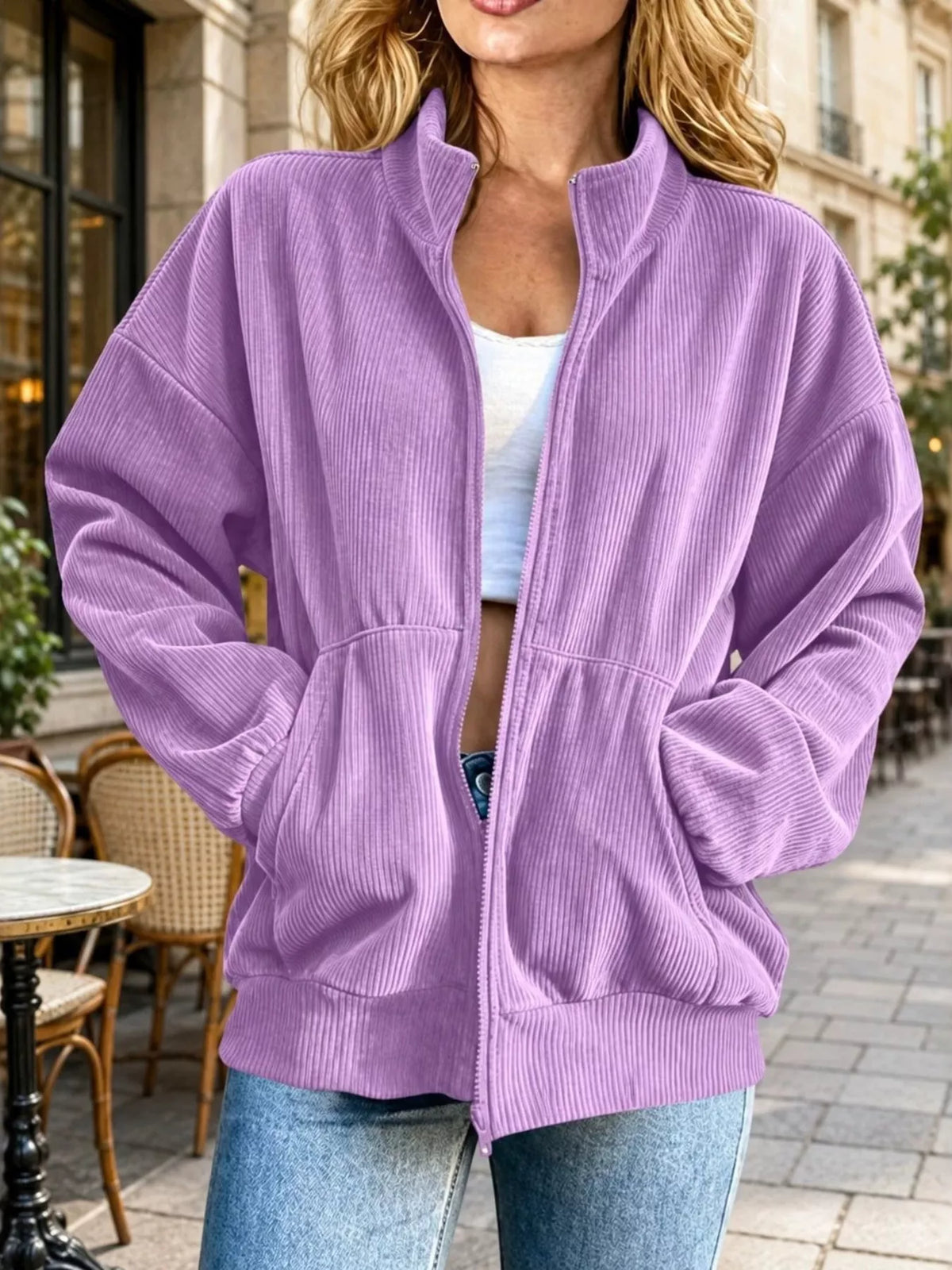 Corduroy Zip-Up Dropped Shoulder Jacket