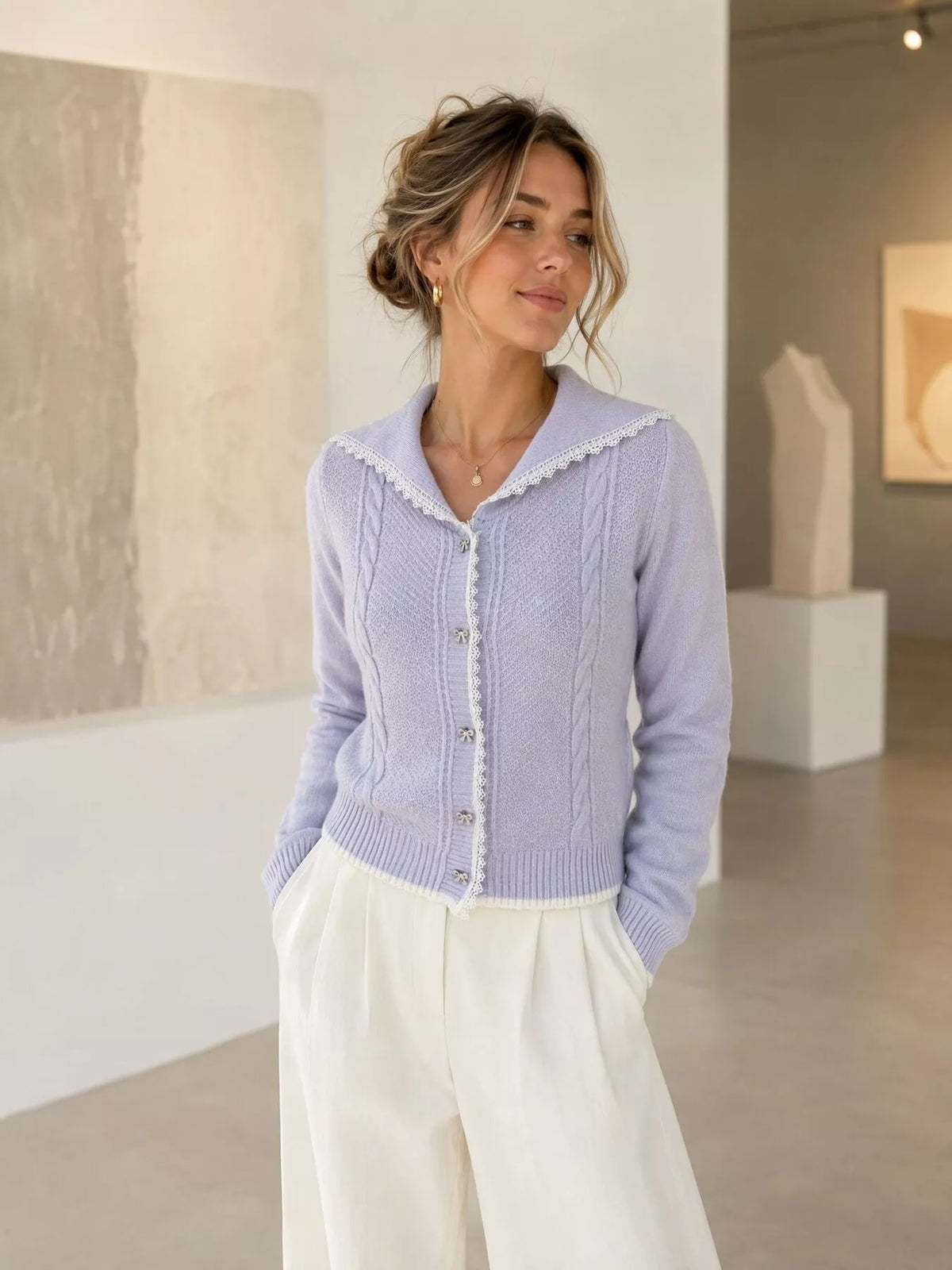 Cable-Knit Cardigan with Lace Trim