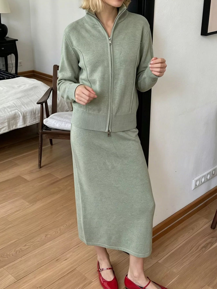 Zip-Up Mock Neck Cardigan and Matching Midi Skirt Sweater Set