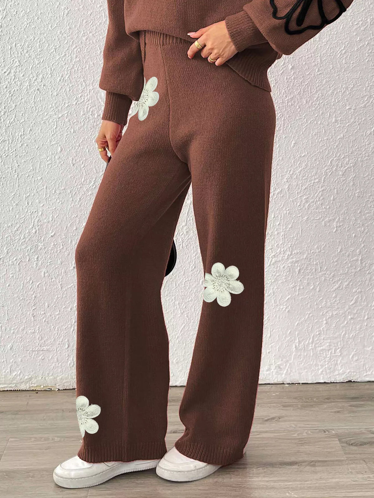 High-Waisted Wide-Leg Sweater Pants with Floral Beaded Decor