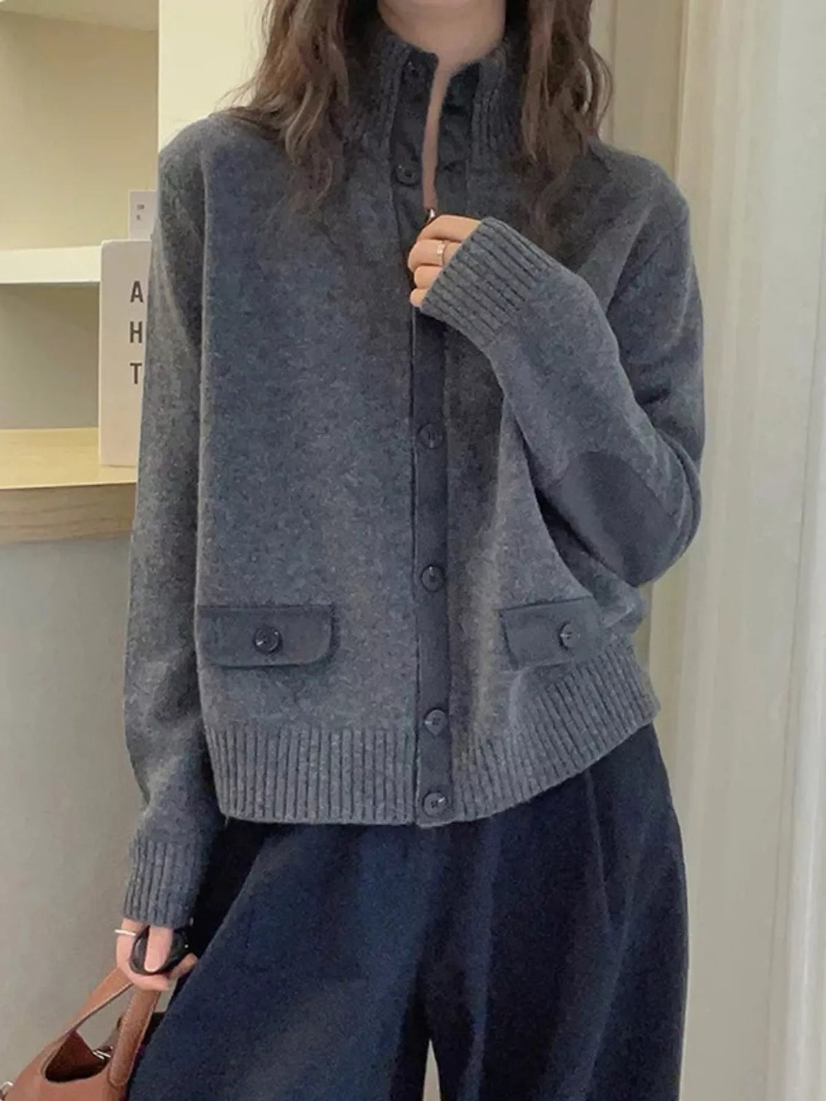 Ribbed-Knit Mock Neck Cardigan