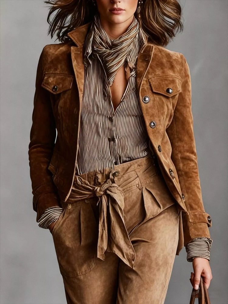 Full Size Suede Utility Blazer with Button-Front Detail Plus Size