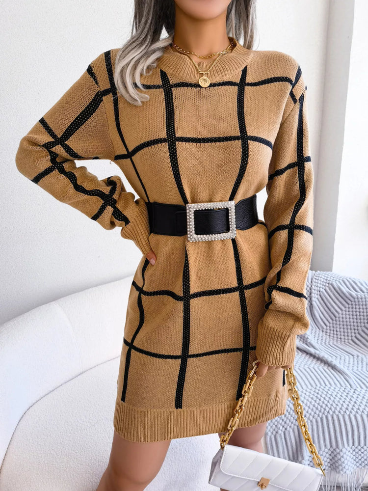 Plaid Pattern Long Sleeve Sweater Dress