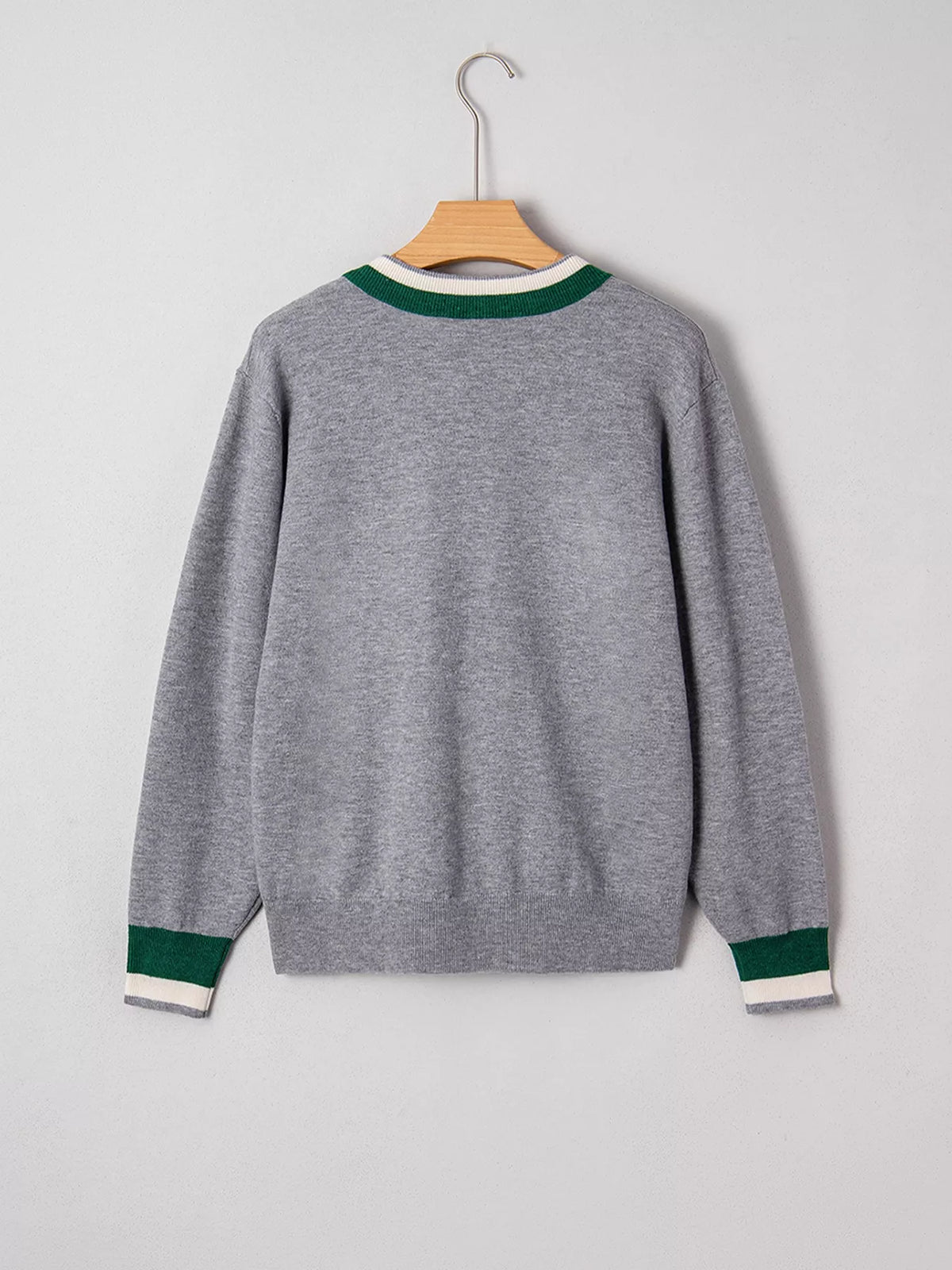 V-Neck Striped Trim Long Sleeve Sweater