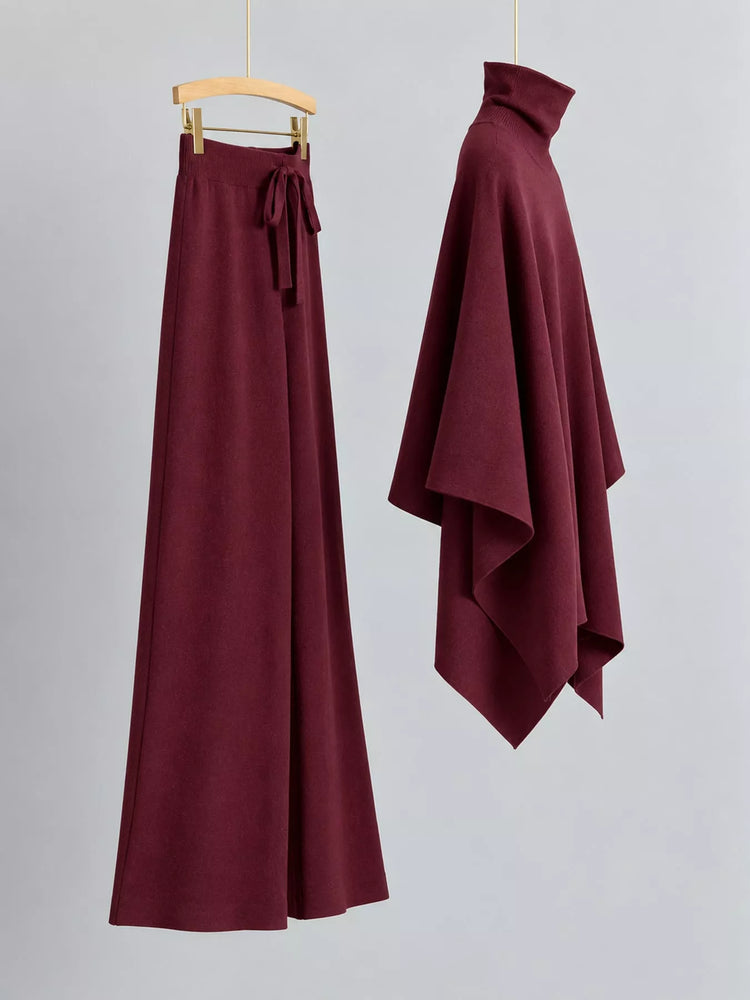 Elegant Turtleneck Poncho Sweater and Wide-Leg Knit Pants Set