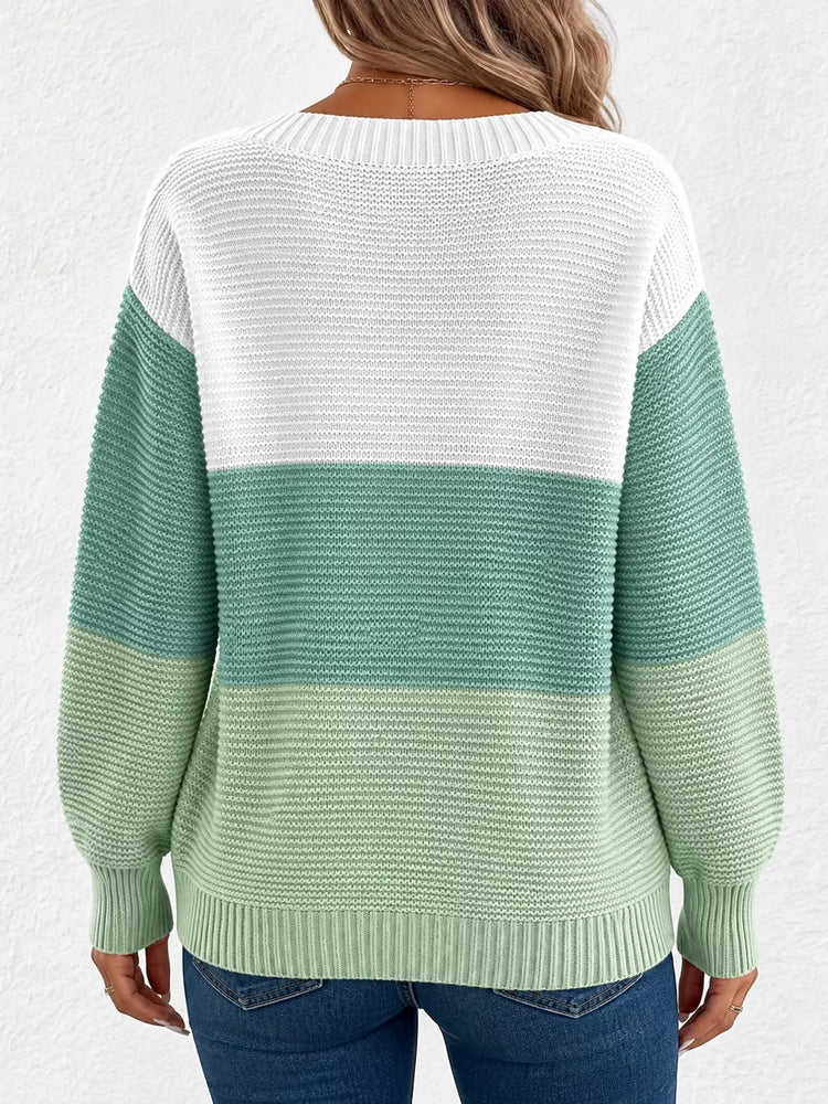 Full Size Color-Block Boat Neck Sweater Plus Size