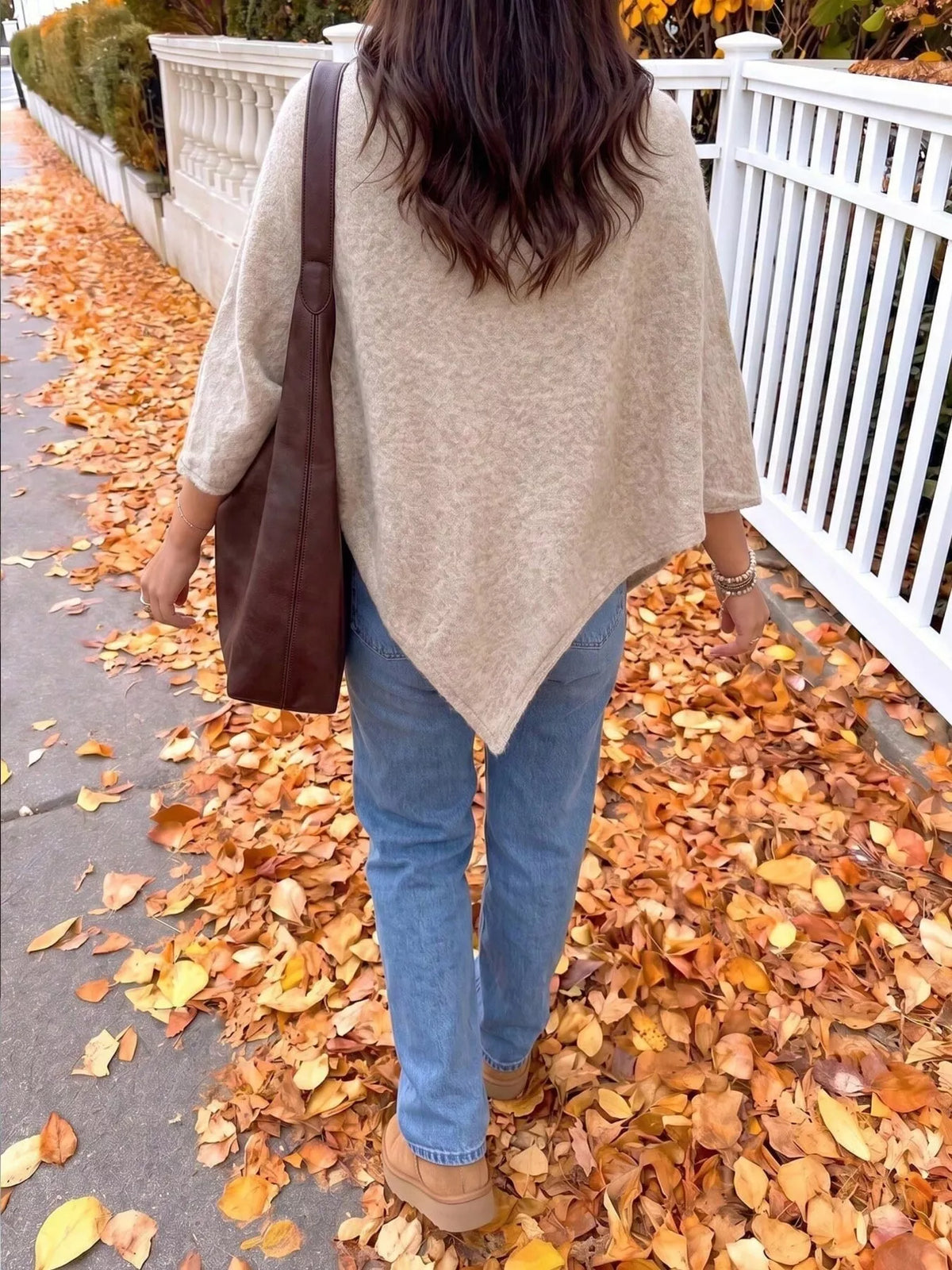 Brushed Loose Shawl Round-Neck Cape Sweater with Bat Sleeves