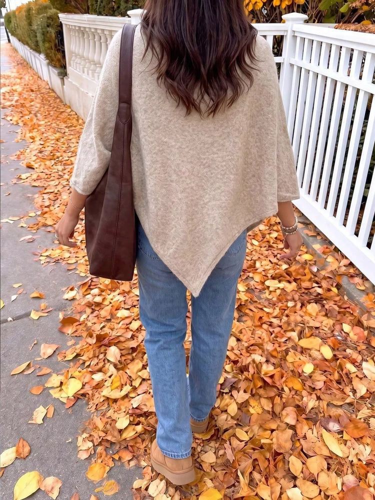 Brushed Loose Shawl Round-Neck Cape Sweater with Bat Sleeves