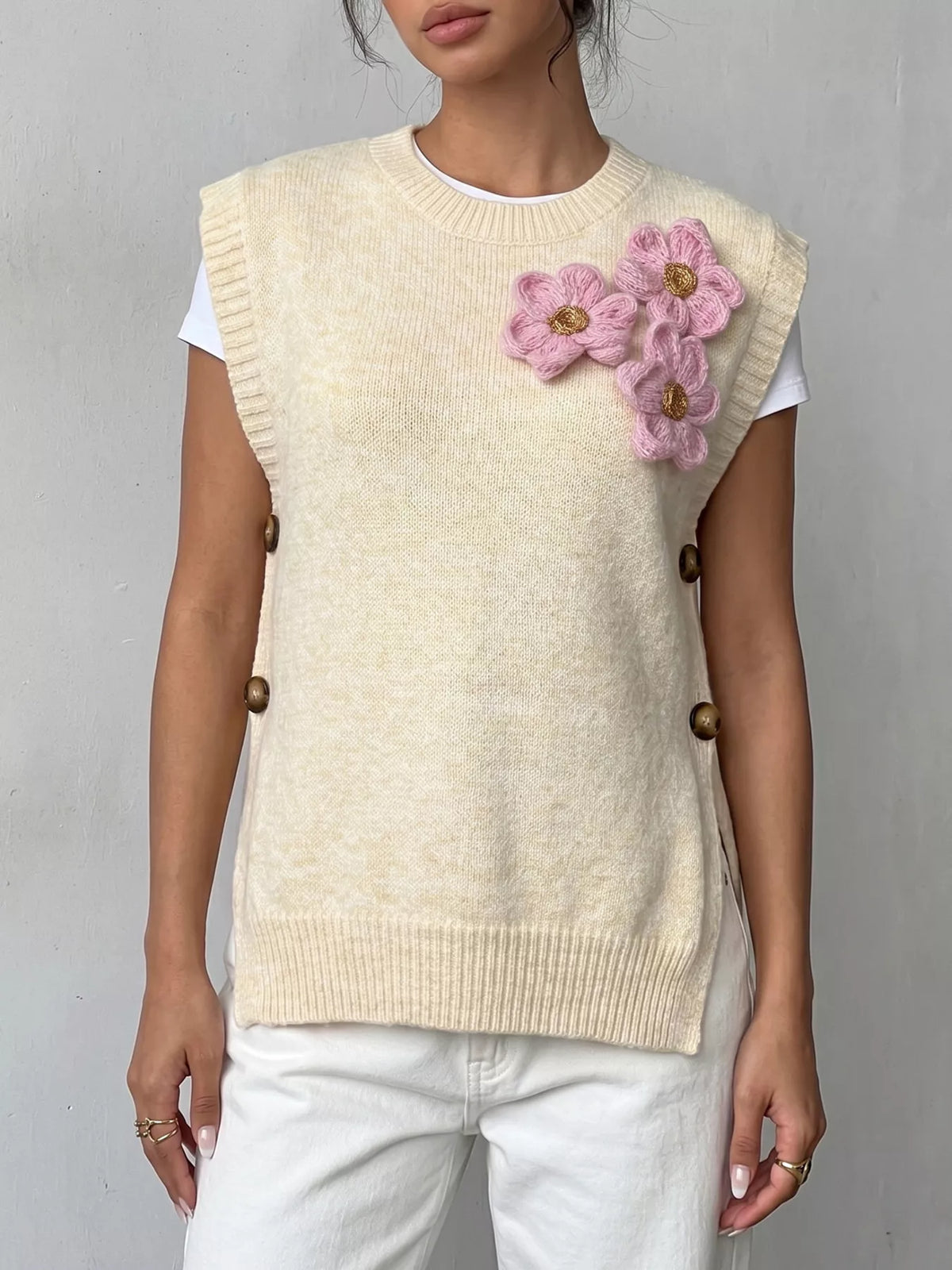 Side Button Sweater Vest with 3D Floral Appliques