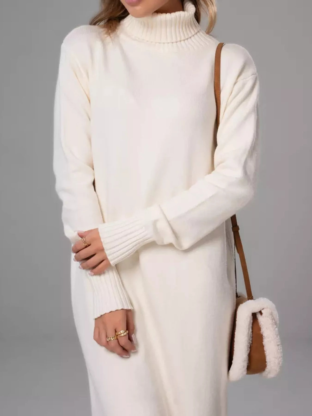 Turtleneck Ribbed Knit Sweater Dress
