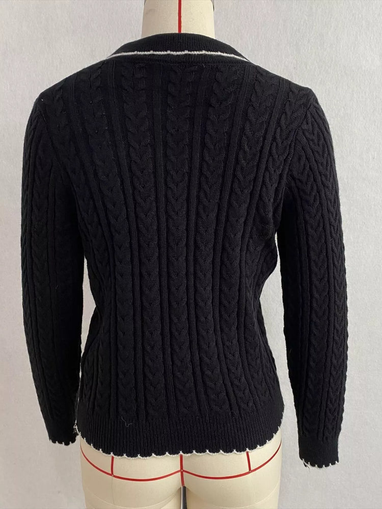 Cable Knit Polo Collar Button-Up Cardigan