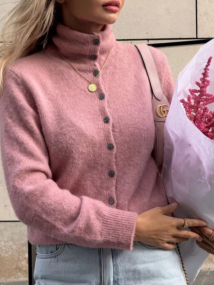 Mock Neck Button-Down Fuzzy Knit Cardigan