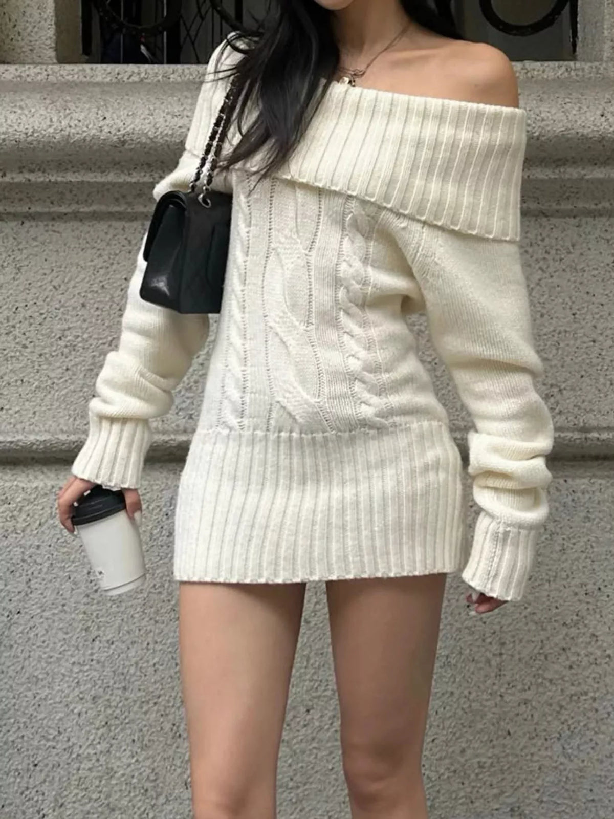 Off-Shoulder Cable Knit Sweater Dress