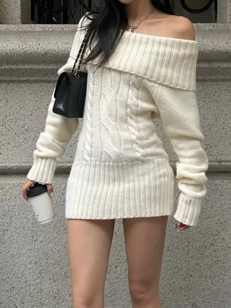 Off-Shoulder Cable Knit Sweater Dress