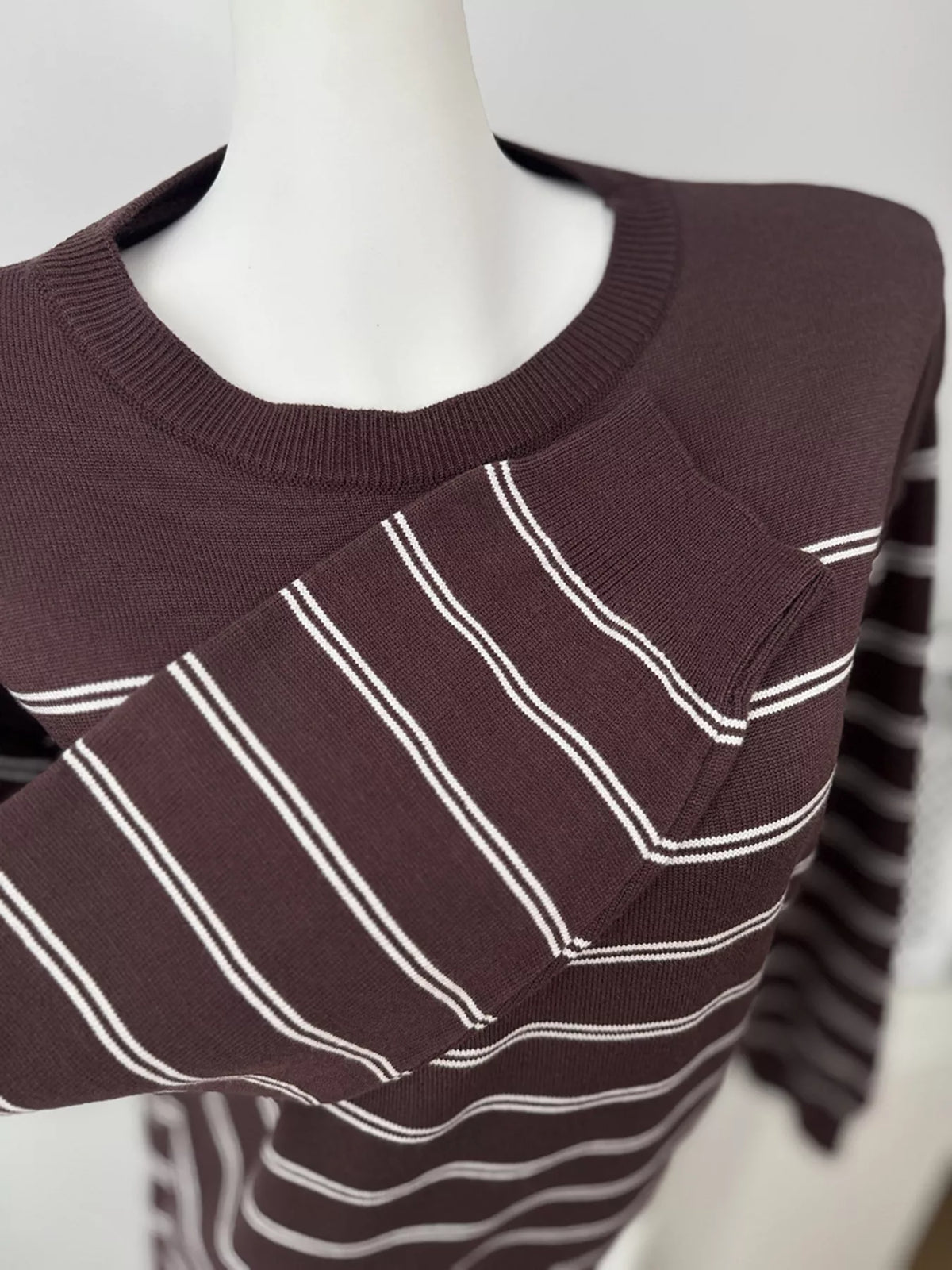 Classic Striped Crewneck Knit Top with Layered Sweater Detail