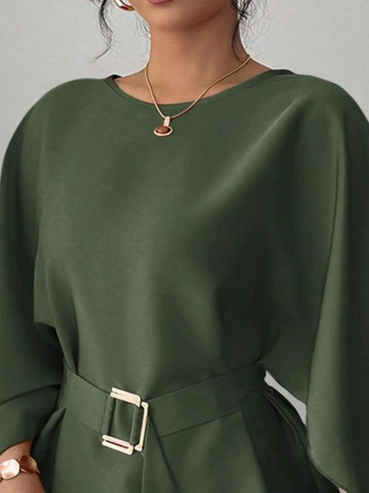 Round Neck Belt Batwing Sleeve Blouse