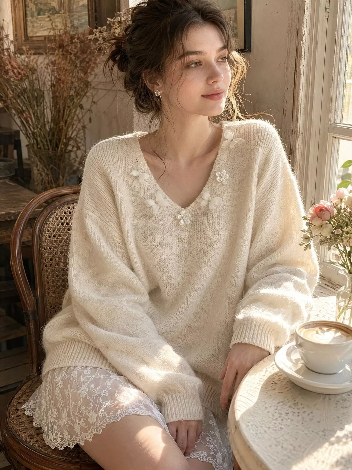 V-Neck Floral Applique Lace Hem Sweater