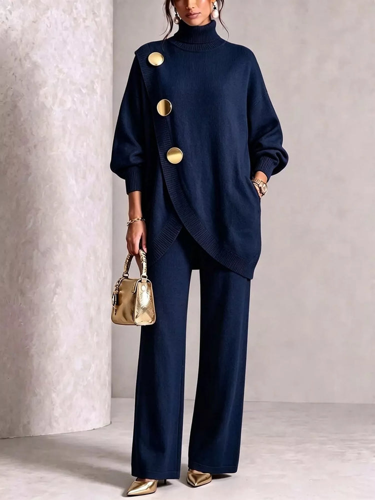 Full Size Elegant Turtleneck Asymmetric Button-Decorated Sweater and Pants Set Plus Size