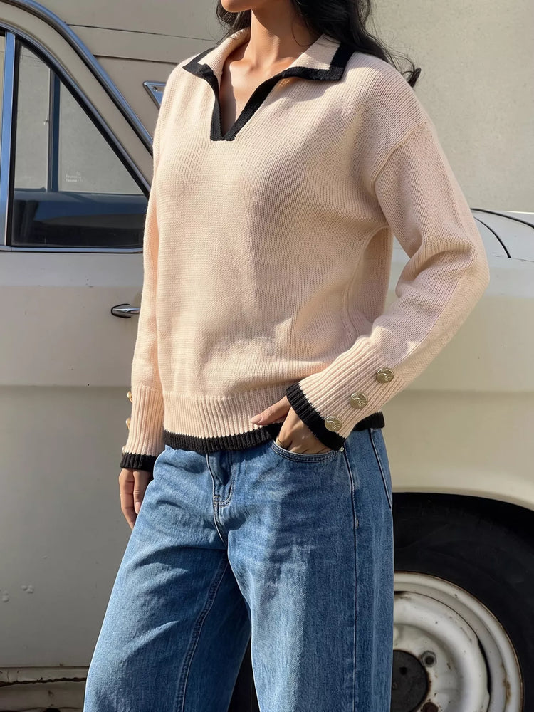 Contrast Trim Polo Collar Sweater