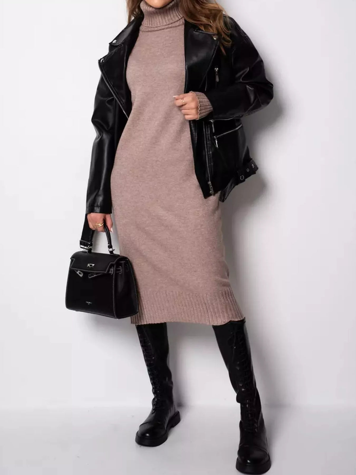 Turtleneck Ribbed Knit Sweater Dress