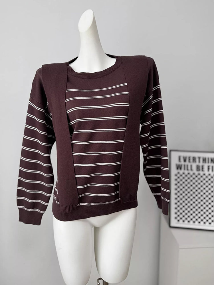 Classic Striped Crewneck Knit Top with Layered Sweater Detail