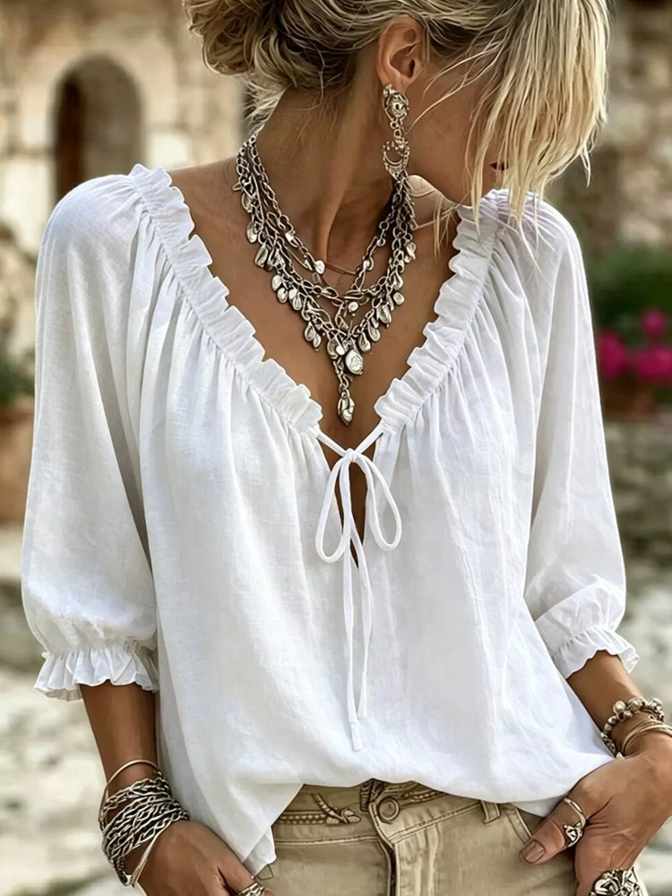Frill Tie Neck 3/4 Sleeve Blouse