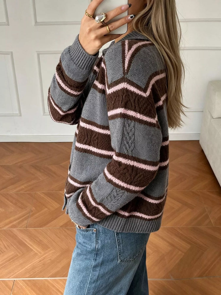 Vintage-Inspired Striped Knit Cardigan with Polo Collar