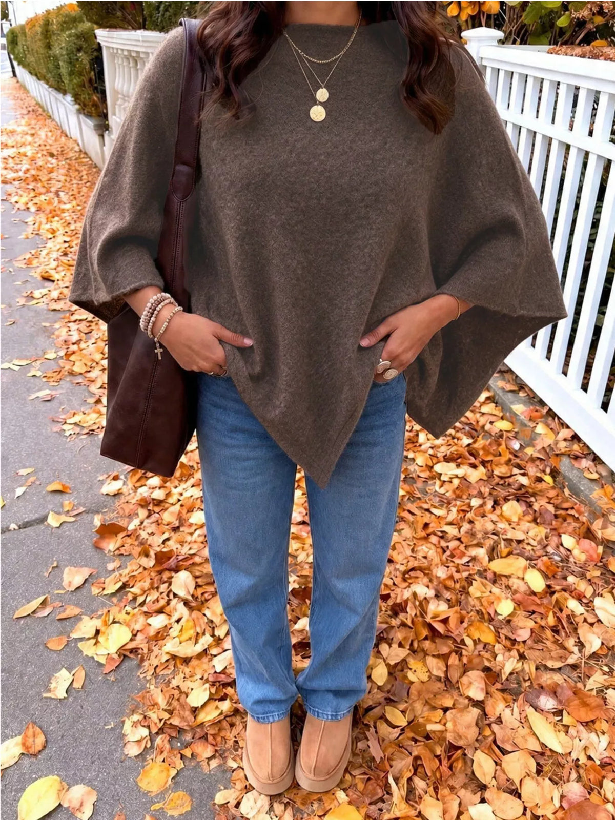 Brushed Loose Shawl Round-Neck Cape Sweater with Bat Sleeves
