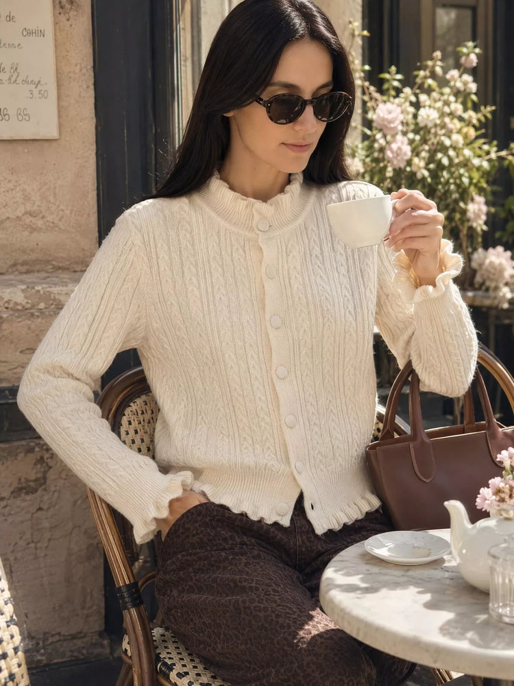 Cable-Knit Ruffle-Trim Cardigan