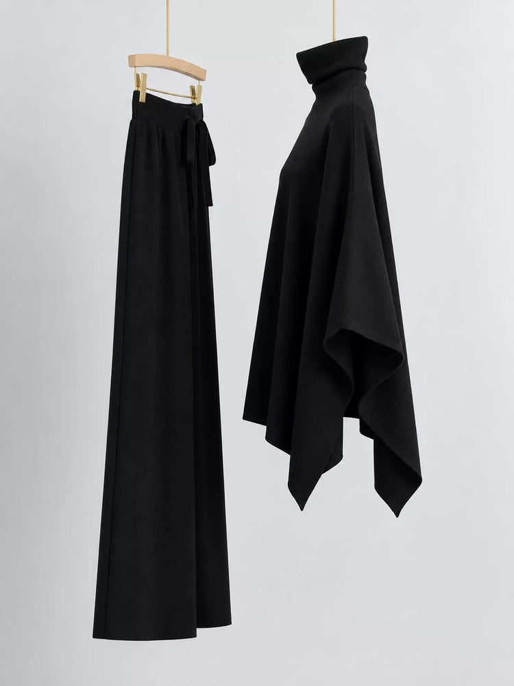 Elegant Turtleneck Poncho Sweater and Wide-Leg Knit Pants Set