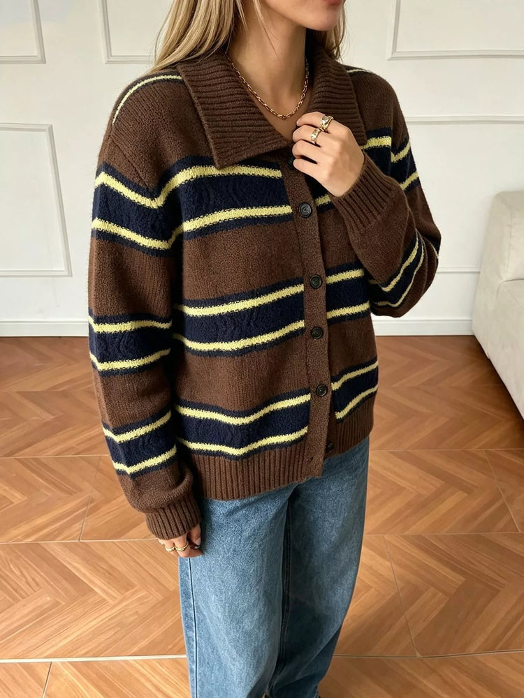 Vintage-Inspired Striped Knit Cardigan with Polo Collar
