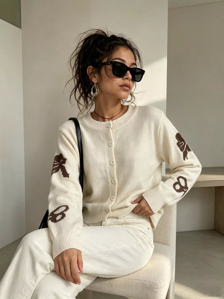 Floral Crew Neck Cropped Knit Cardigan