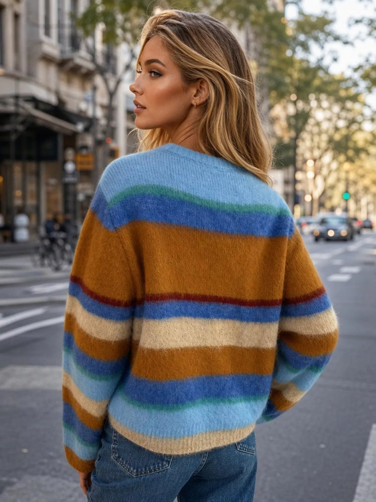 Fuzzy Striped Crew Neck Sweater