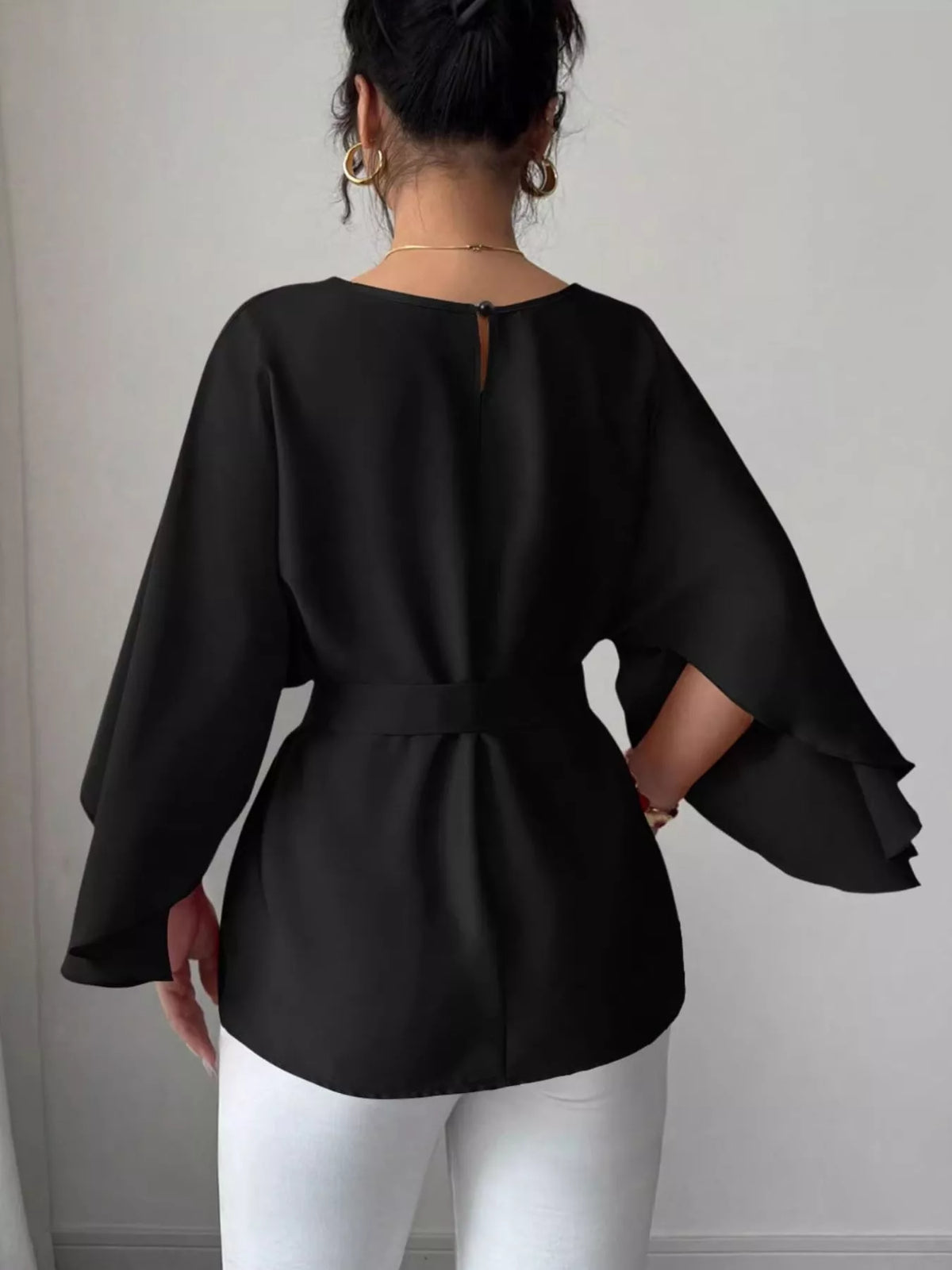 Round Neck Belt Batwing Sleeve Blouse